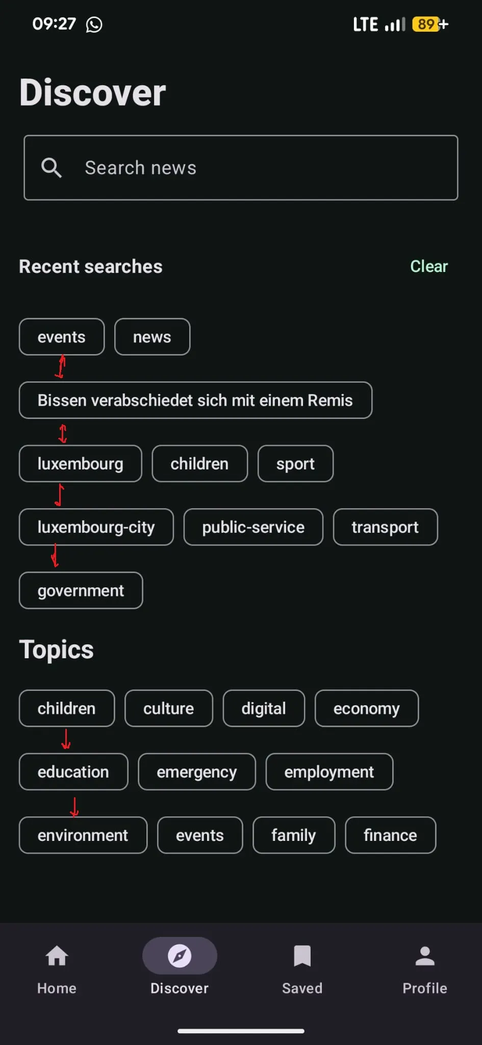 Real LetzInfo Discover screen showing recent searches and Luxembourg topics