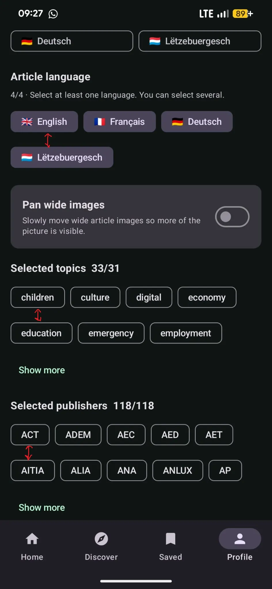 Real LetzInfo preferences screen with language, topic, and publisher choices